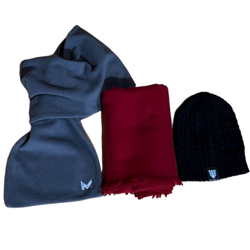 Warm Winter Bundle Fleece Scarf, Cashmere/Wool Scarf/Wrap & Black Cable Knit Hat